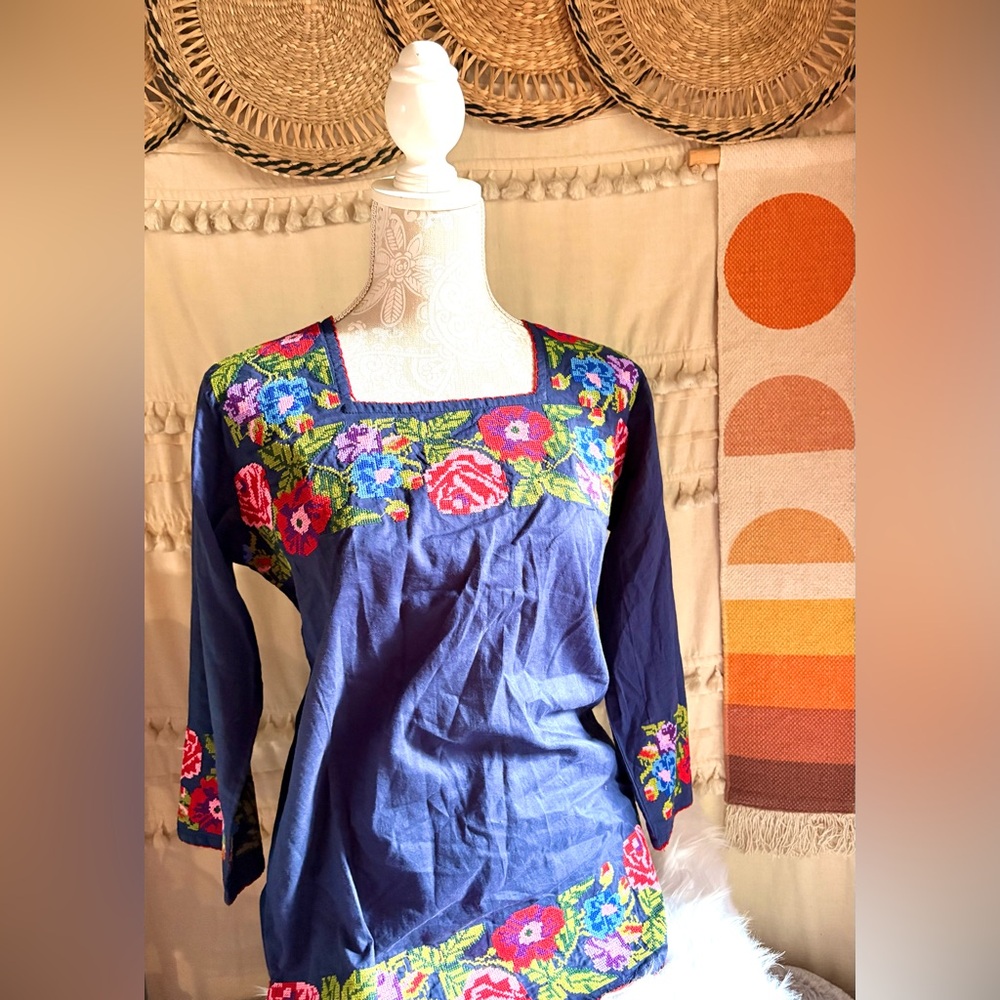 Floral Embroidered Navy Blouse